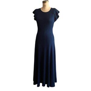 Vintage maxi dress, navy blue, key hole  back, flutter sleeves, M